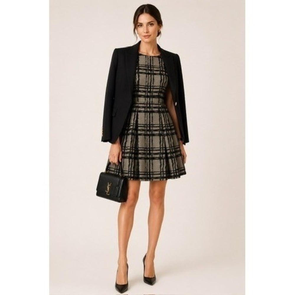 Reiss Grey & Black Plaid Fit and Flare Designer Dress Sleeveless Pleated Size 4 - Picture 2 of 14